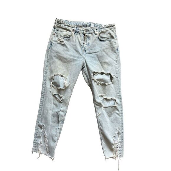 Womens H&M &DenimLight Wash Low Waist Distressed Boyfriend Jeans - Sz 31 - Picture 2 of 4